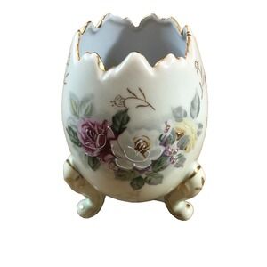 Vintage Inarco 1962 Three Footed Cracked Egg 5" Tall Vase Hand Painted Floral E3